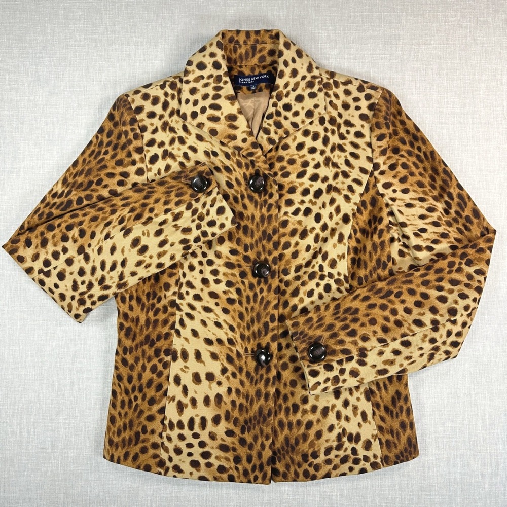 Jones New York Blazer Womens Leopard Cotton Twill Lined Jacket Sz 8 Animal Print